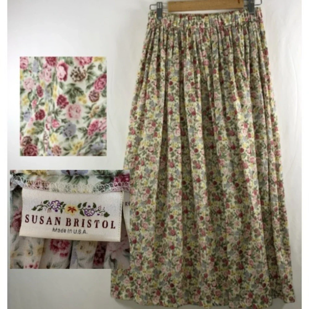 Susan Bristol Womens Dainty Ditsy Floral Maxi Skirt S/M Cottage Country Prairie